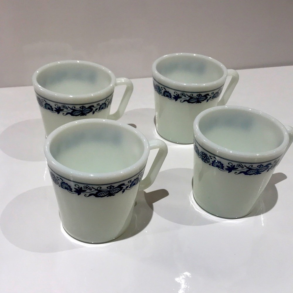 Vintage PYREX milk glass mug with blue floral border